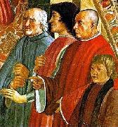 Lorenzo de Medici between Antonio Pucci and Francesco Sassetti, with Giulio de Medici, fresco by Ghirlandaio, LEONARDO da Vinci